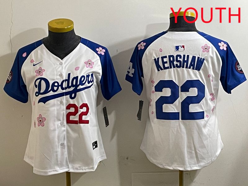 Youth Los Angeles Dodgers #22 Kershaw White Blue Sakura Edition 2025 Nike MLB Jersey style 4->women mlb jersey->Women Jersey